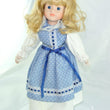 Laden Sie das Bild in den Galerie-Viewer, Puppe mit blau weißem Kleid / Porzellankopf &amp; Stoffkörper / ca. 33 cm
